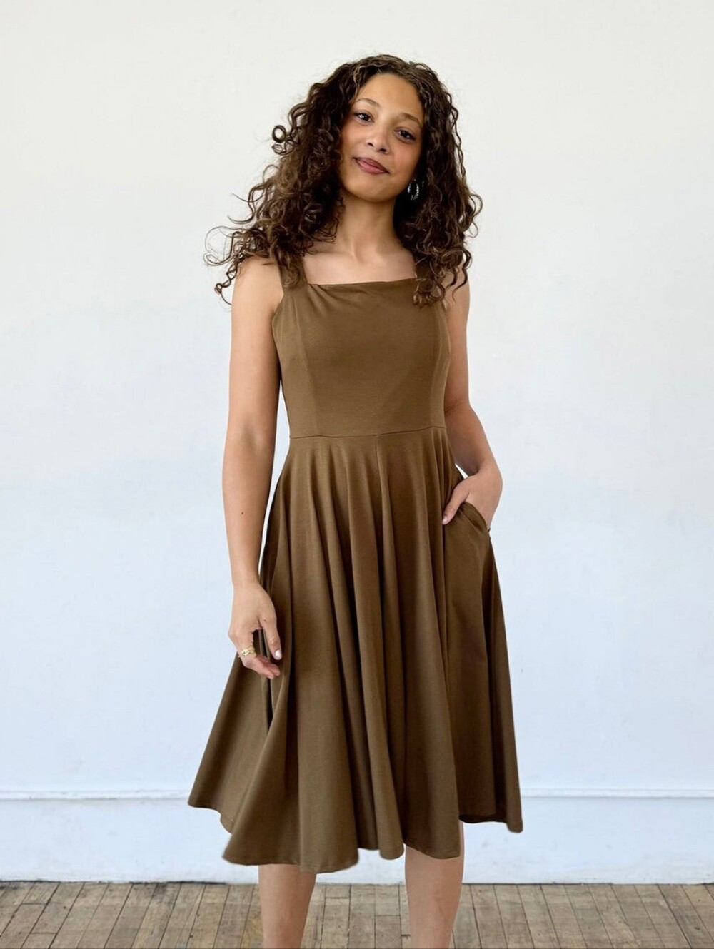 Brown Square Neck Fit And Flare Dress